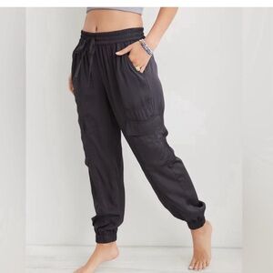 Aerie Satin Charcoal Gray Cargo Jogger Pants